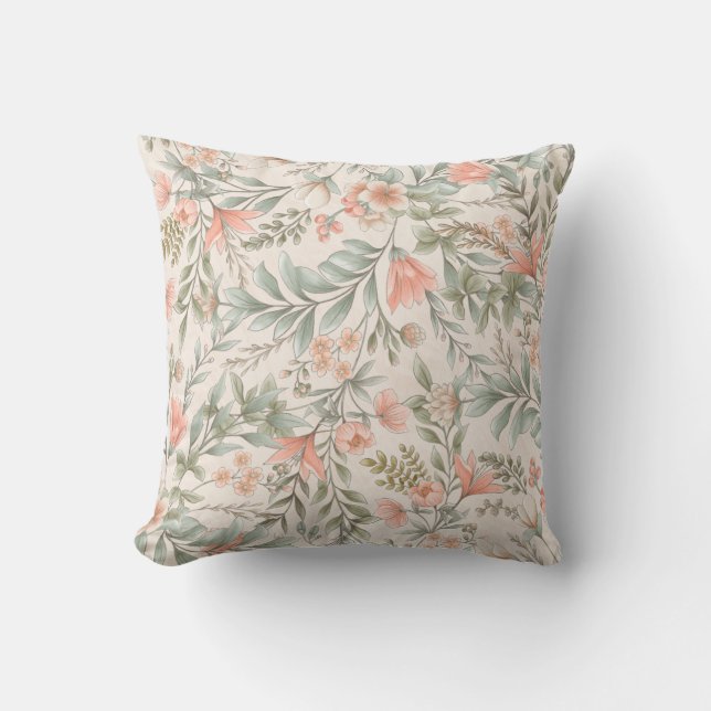 Bloemen overal Peach en Blue Sage Throw Pillo Kussen (Voorkant)