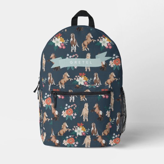 Bloemen Paard/Pony Patroon Marine Blauw Meisje Bedrukte Rugzak (Voorkant)