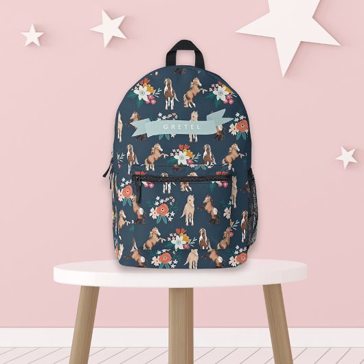 Bloemen Paard/Pony Patroon Marine Blauw Meisje Bedrukte Rugzak