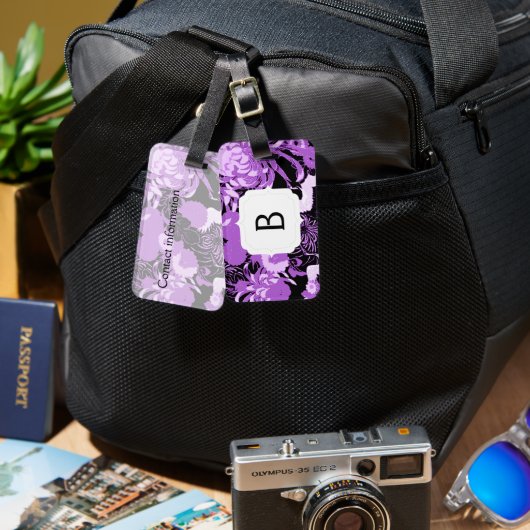  bloemen, paarse bloemen en vogels Monogram Bagagelabel (Voorkant /achterkant)