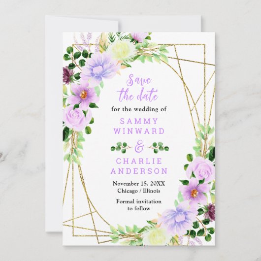 Bloemen paarse bloemen met gebladerte bruiloft save the date (Voorkant)