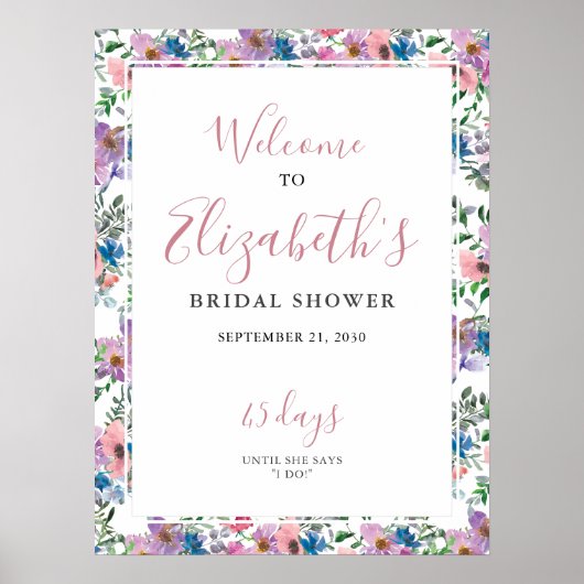 Bloemen Paarse Blush Bruiloft Feest Welkom Bord Poster (Voorkant)