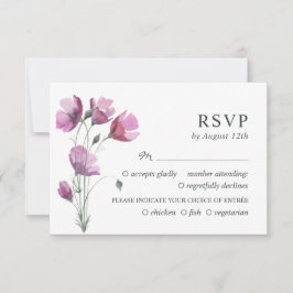 Bloemen paarse boeket. Rustiek eenvoudig huwelijk RSVP Kaartje