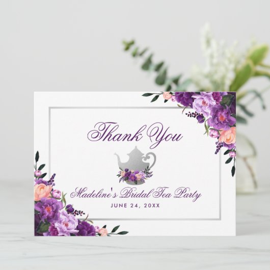Bloemen Paarse bruids thee party dank u Bedankkaart (Staand voorkant)