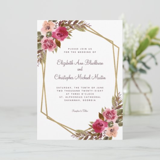 Bloemen Paarse Cassis Bruiloft Chique Goud Lijst Kaart (Staand voorkant)