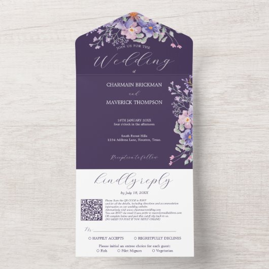 Bloemen Paarse dromen Eenvoudige QR-code Bruiloft All In One Uitnodiging (Binnen)