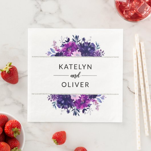 Bloemen Paarse en Zilveren Lijst Bruiloft Monogram Servet (Insitu)
