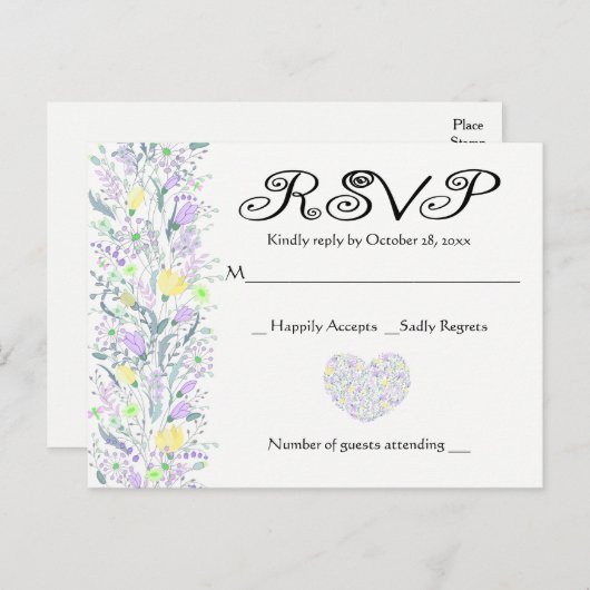 Bloemen Paarse & Gele RSVP Trouwbloemen Uitnodiging Briefkaart (Voorkant / Achterkant)