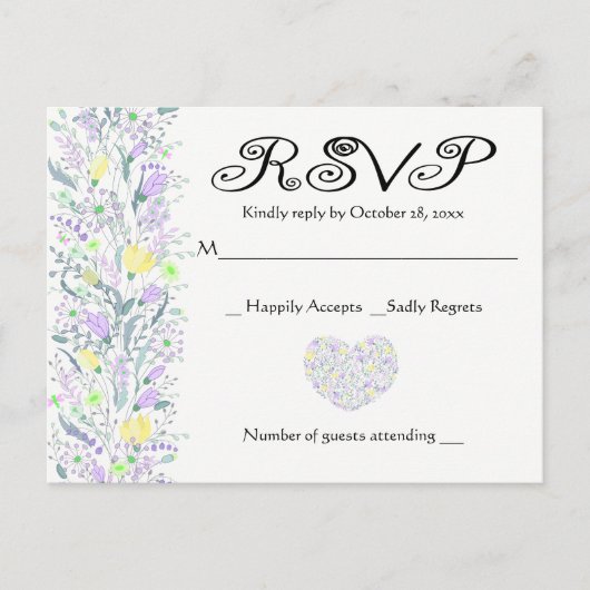 Bloemen Paarse & Gele RSVP Trouwbloemen Uitnodiging Briefkaart (Voorkant)