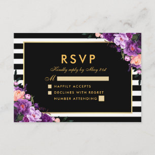 Bloemen Paarse Goud Gestreept Zwart RSVP Bruiloft