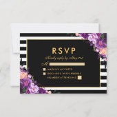 Bloemen Paarse Goud Gestreept Zwart RSVP Bruiloft (Voorkant)
