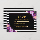 Bloemen Paarse Goud Gestreept Zwart RSVP Bruiloft (Voorkant / Achterkant)