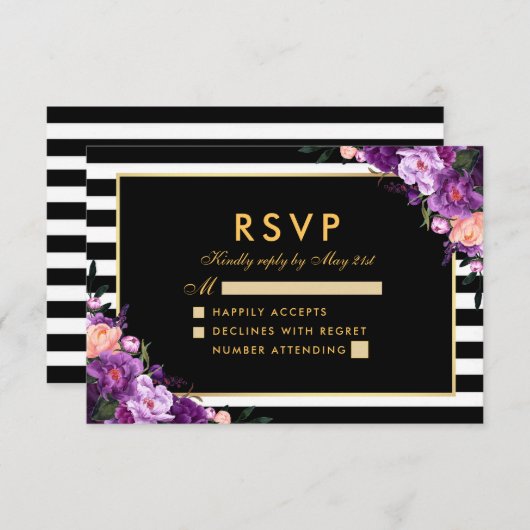 Bloemen Paarse Goud Gestreept Zwart RSVP Bruiloft (Voorkant / Achterkant)