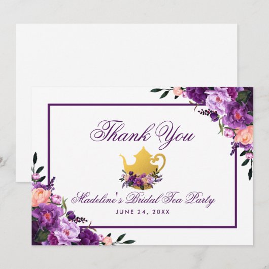 Bloemen Paarse gouden bruids thee party dank u Bedankkaart (Voorkant / Achterkant)