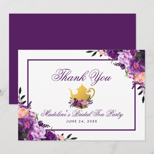 Bloemen Paarse gouden bruids thee party dank u P Bedankkaart (Voorkant / Achterkant)
