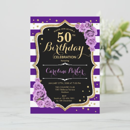 Bloemen Paarse gouden foto 50ste verjaardag Kaart (Staand voorkant)