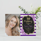 Bloemen Paarse gouden foto 50ste verjaardag Kaart (Staand voorkant)