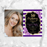 Bloemen Paarse gouden foto 50ste verjaardag Kaart<br><div class="desc">Elegante bloemenvrouwelijke 50e verjaardagsuitnodiging met uw foto. Glam paarse, zwart, wit ontwerp met faux glitter goud. Beschikt over strepen, lavendel rozen, script lettertype en confetti. Perfect voor een stijlvol volwassen feestje. Personaliseer met je eigen gegevens. Kan voor om het even welke leeftijd worden aangepast! Gedrukte Zazzle-uitnodigingen of direct download digitale...</div>