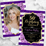 Bloemen Paarse gouden foto 50ste verjaardag Kaart<br><div class="desc">Elegante bloemenvrouwelijke 50e verjaardagsuitnodiging met je foto aan de achterkant van de kaart. Glam paarse zwart wit ontwerp met faux glitter goud. Met strepen, paarse rozen, script lettertype en confetti. Perfect voor een stijlvol volwassen feestje. Personaliseer met je eigen gegevens. Kan voor om het even welke leeftijd worden aangepast! Gedrukte...</div>