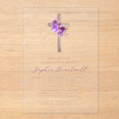 Bloemen Paarse Gouden Rozen Kruis Meisje Doop Acryl Uitnodigingen (Voorkant)