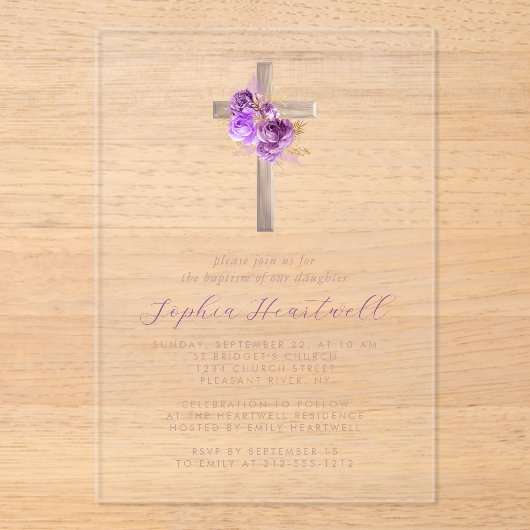 Bloemen Paarse Gouden Rozen Kruis Meisje Doop Acryl Uitnodigingen (Voorkant)
