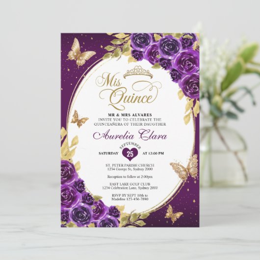 Bloemen Paarse gouden tiara vlinder mis quinceañer Kaart (Staand voorkant)