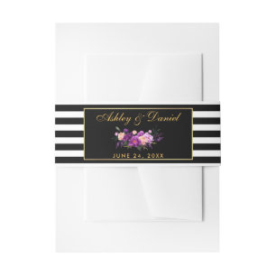 Bloemen Paarse gouden zwarte strepen bruiloft Uitnodigingen Wikkel