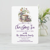 Bloemen Paarse Kerst Tea Party Kaart (Staand voorkant)