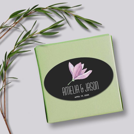 Bloemen Paarse Magnolia op zwarte bruiloft Ovale Sticker