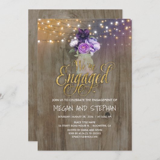 Bloemen Paarse Mason Jar Rustieke Verlovingsfeest Kaart (Voorkant / Achterkant)