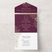  Bloemen Paarse Monogram Bruiloft All In One Uitnodiging (Binnen)