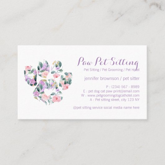 Bloemen Paarse Pet Sitter Grooming Paw Visitekaartje (Voorkant)