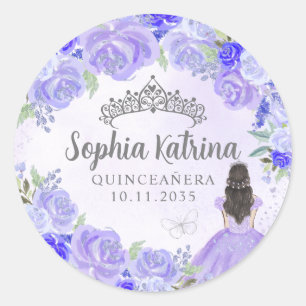 Bloemen Paarse Prinses Quinceanera Verjaardagsguns Ronde Sticker