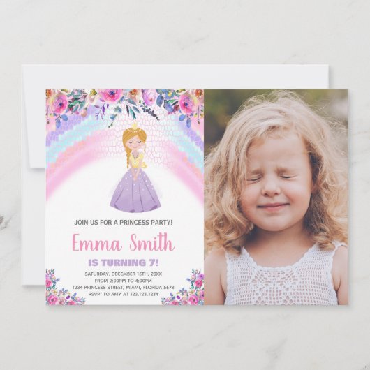 Bloemen Paarse Prinses Verjaardagsuitnodigingen fo Kaart (Voorkant)