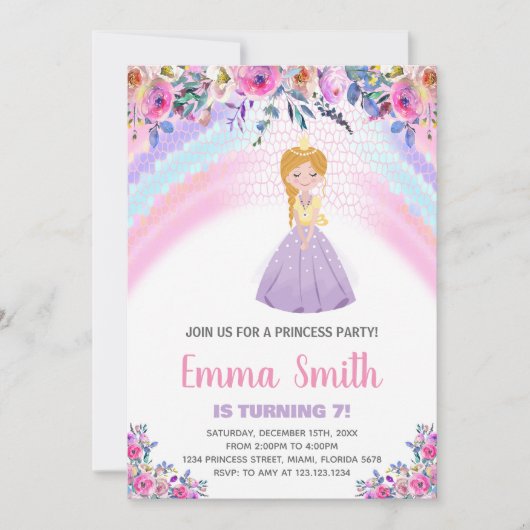 Bloemen Paarse Prinses Verjaardagsuitnodigingen Kaart (Voorkant)