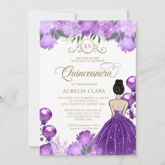 Bloemen Paarse Prinses XV Quinceañera Verjaardag Kaart (Voorkant)
