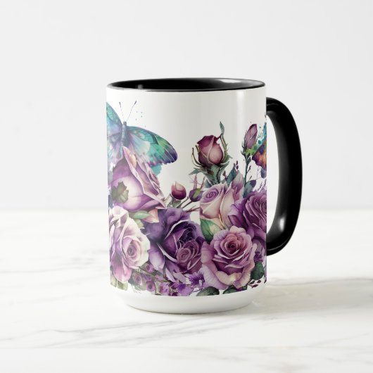 Bloemen Paarse Rozen en Vlinders Mok (Voorkant rechts)