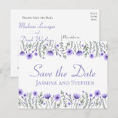 Bloemen Paarse Save the Date Bruiloft Verloving Briefkaart (Voorkant / Achterkant)