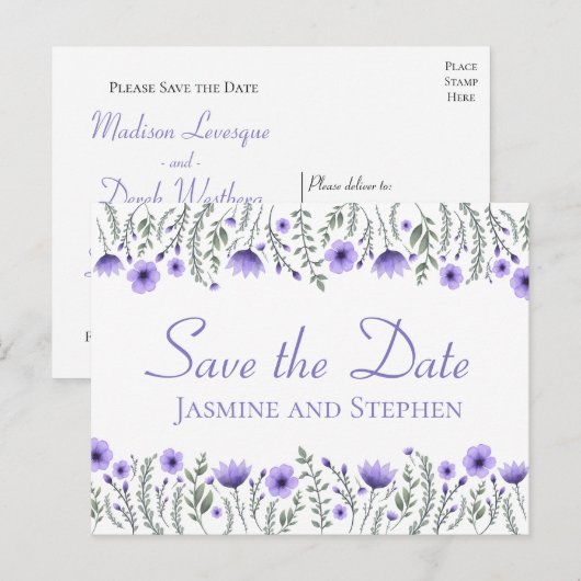 Bloemen Paarse Save the Date Bruiloft Verloving Briefkaart (Voorkant / Achterkant)