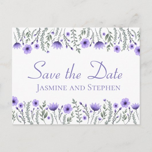Bloemen Paarse Save the Date Bruiloft Verloving Briefkaart (Voorkant)