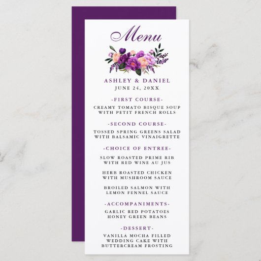 Bloemen Paarse Ultra Violet bruiloft Menu (Voorkant / Achterkant)