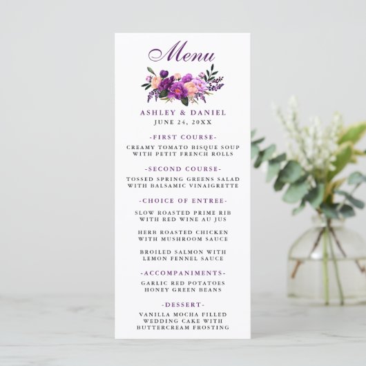 Bloemen Paarse Ultra Violet bruiloft Menu (Staand voorkant)