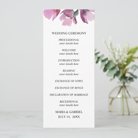 Bloemen paarse waterverf boeket bruiloft programma (Staand voorkant)