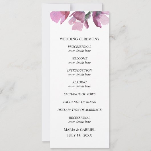 Bloemen paarse waterverf boeket bruiloft programma (Voorkant)
