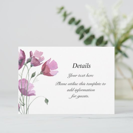 Bloemen paarse waterverf Bruiloft Receptie Details RSVP Kaartje (Staand voorkant)