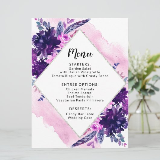 Bloemen Paarse Waterverf Bruiloft Receptie Diner Menu (Staand voorkant)