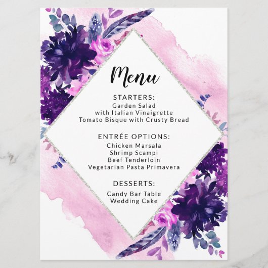 Bloemen Paarse Waterverf Bruiloft Receptie Diner Menu (Voorkant)