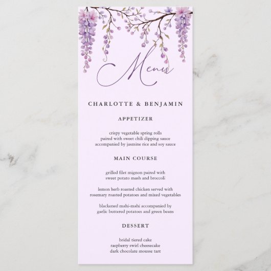 Bloemen Paarse Wisteria Branches Huwelijk Menu (Voorkant)