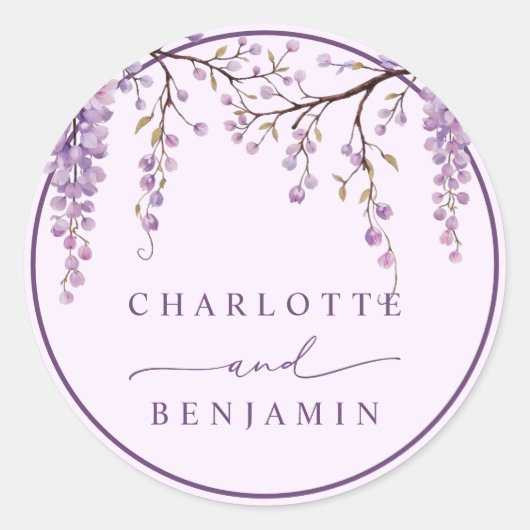 Bloemen Paarse Wisteria Branches Huwelijk Ronde Sticker (Voorkant)