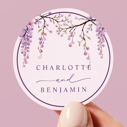 Bloemen Paarse Wisteria Branches Huwelijk Ronde Sticker